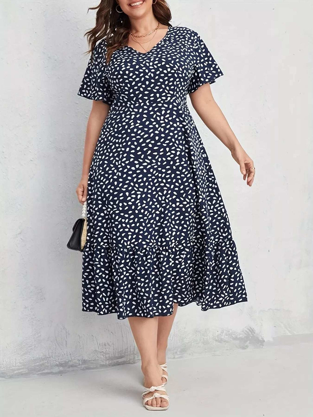Plus Size Printed V-Neck Short Sleeve Dress - Trendsi - Flyclothing LLC