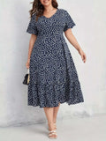 Plus Size Printed V-Neck Short Sleeve Dress - Trendsi - Flyclothing LLC
