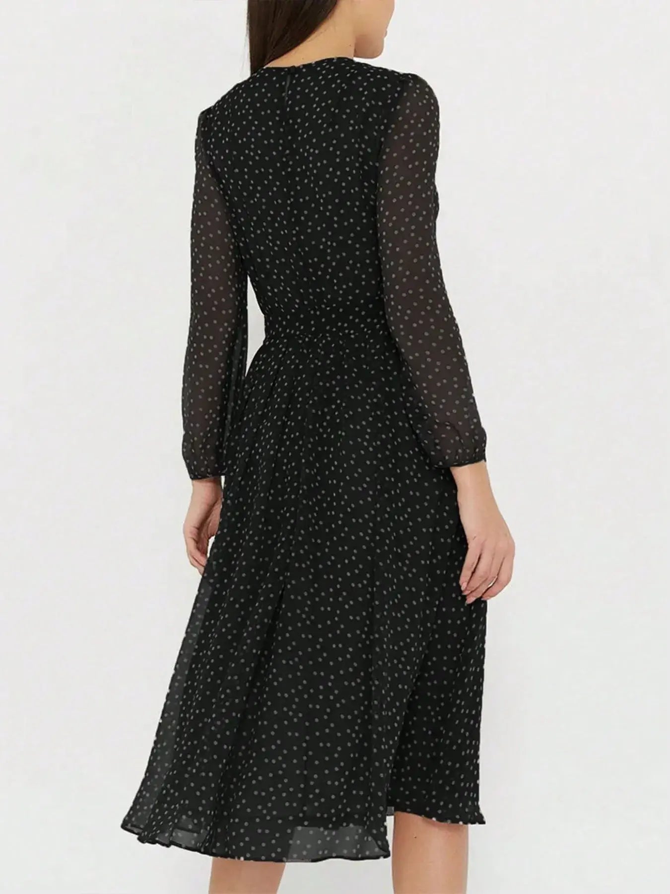 Polka Dot Long Sleeve Midi Dress - Trendsi - Flyclothing LLC