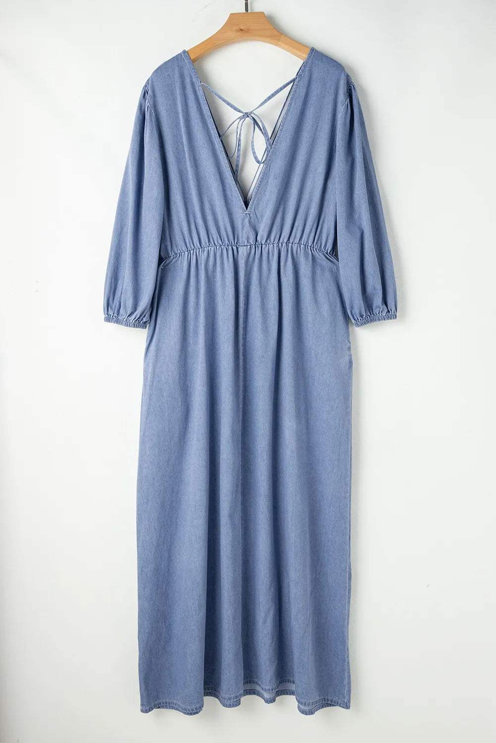 Tied Plunge Three-Quarter Sleeve Denim Dress - Trendsi - Flyclothing LLC