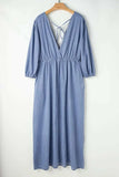 Tied Plunge Three-Quarter Sleeve Denim Dress - Trendsi - Flyclothing LLC