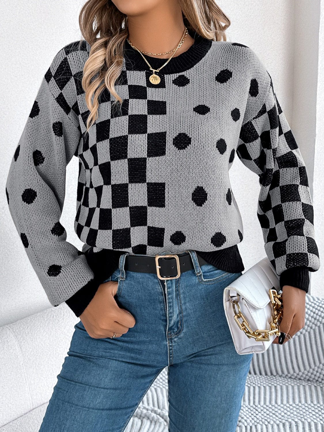 Plaid Round Neck Long Sleeve Sweater - Trendsi