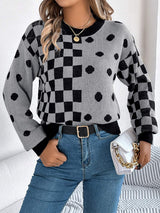 Plaid Round Neck Long Sleeve Sweater - Trendsi - Flyclothing LLC
