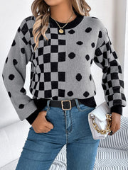Plaid Round Neck Long Sleeve Sweater - Trendsi