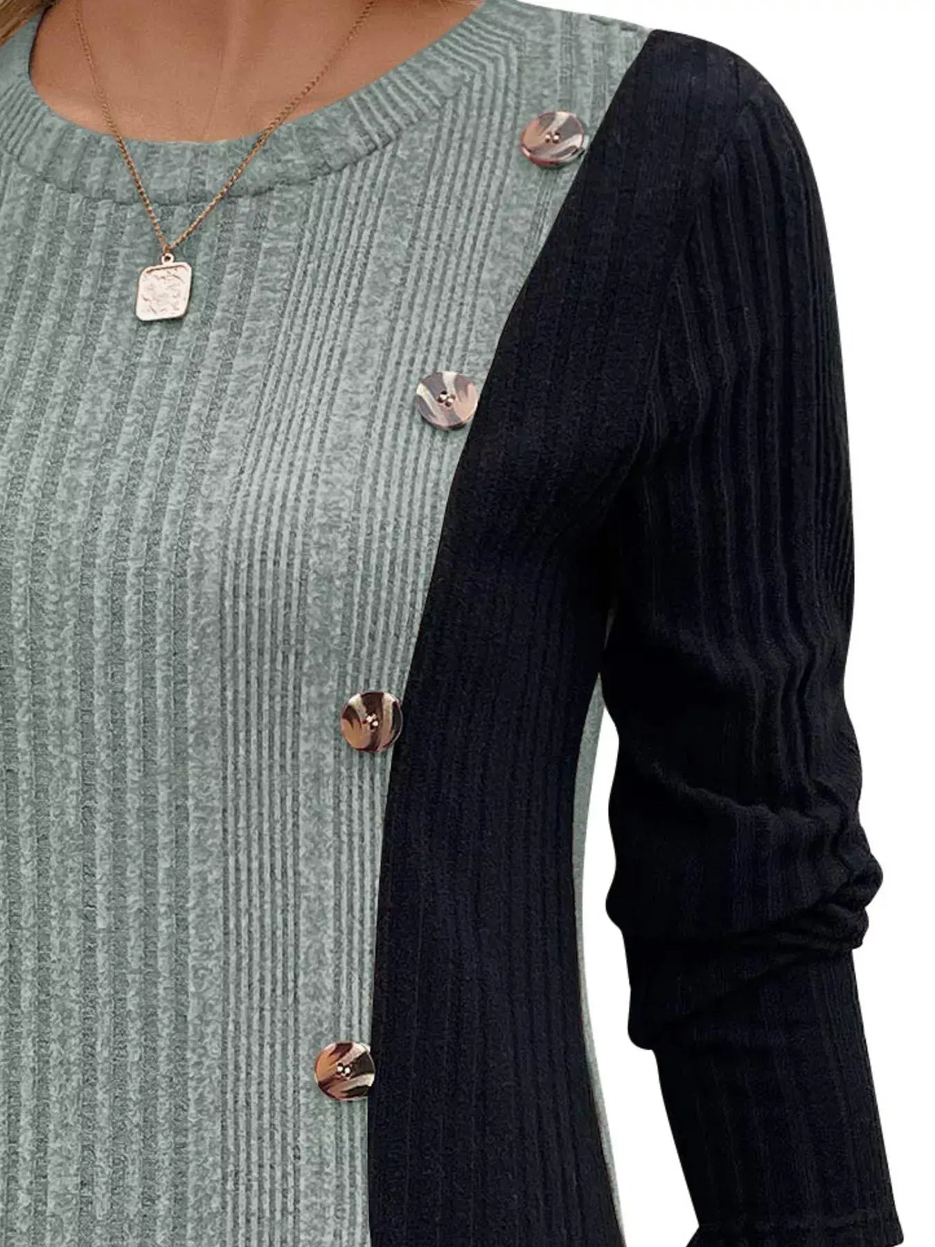 Color Block Ribbed Knit Decor Button T-Shirt - Trendsi - Flyclothing LLC