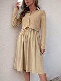 Perfee Fake Two Piece Collared Neck Long Sleeve Midi Dress - Trendsi - Flyclothing LLC
