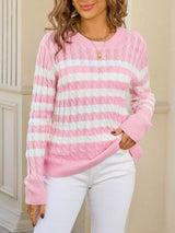 Striped Cable Knit Round Neck Sweater - Trendsi - Flyclothing LLC
