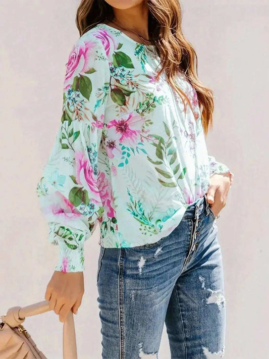 Smocked Printed Round Neck Lantern Sleeve Blouse - Trendsi - Flyclothing LLC