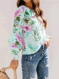 Smocked Printed Round Neck Lantern Sleeve Blouse - Trendsi