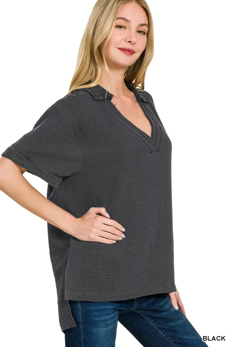 Zenana Double Gauze Short Sleeve High-Low Top - Trendsi - Flyclothing LLC
