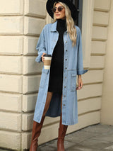 Pocketed Button Down Collared Neck Denim Jacket - Trendsi - Flyclothing LLC