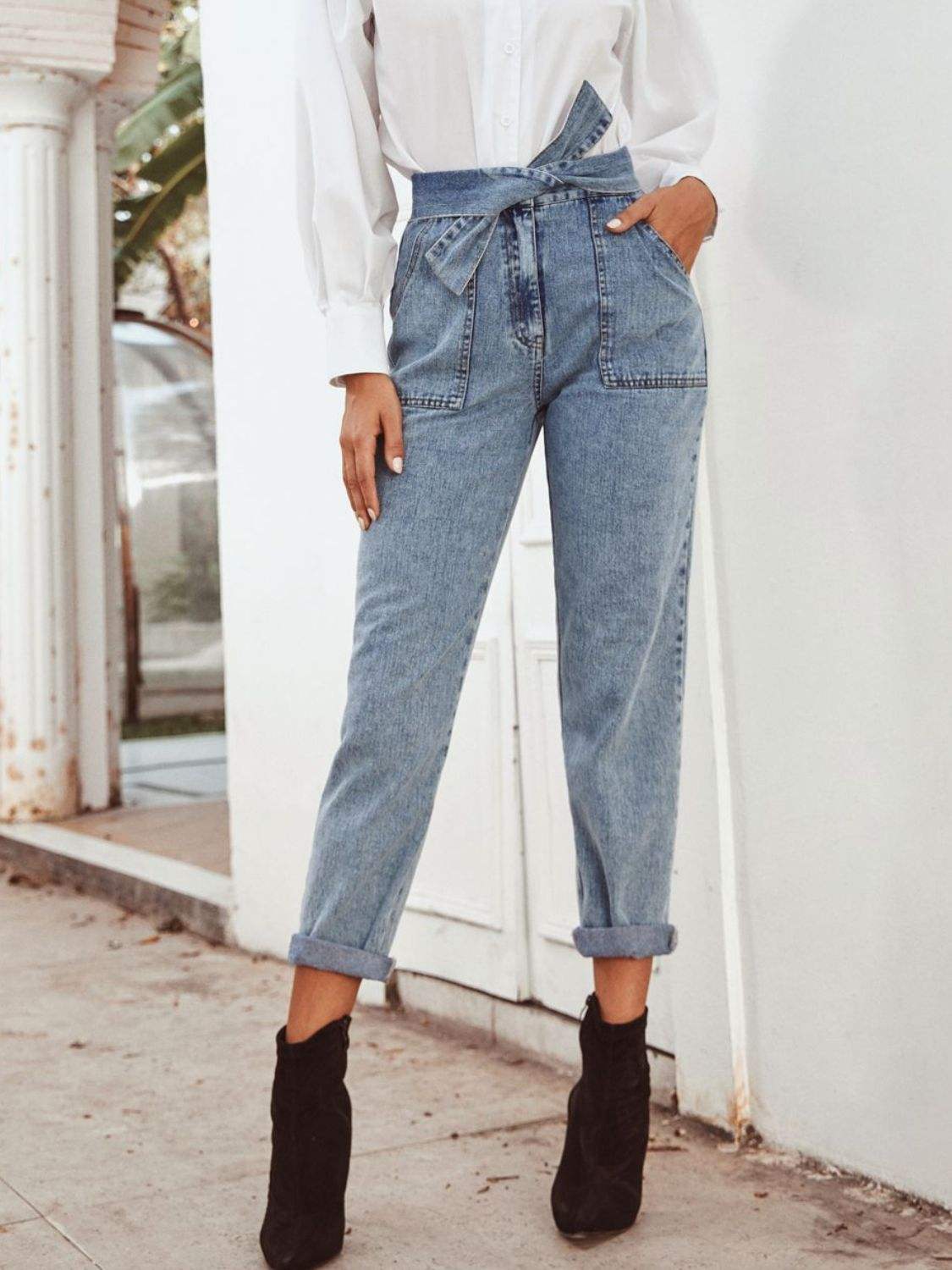 Tied Straight Leg Jeans with Pockets - Trendsi - Flyclothing LLC