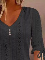 Full Size V-Neck Eyelet Drawstring Sleeve Top Plus Size - Trendsi - Flyclothing LLC
