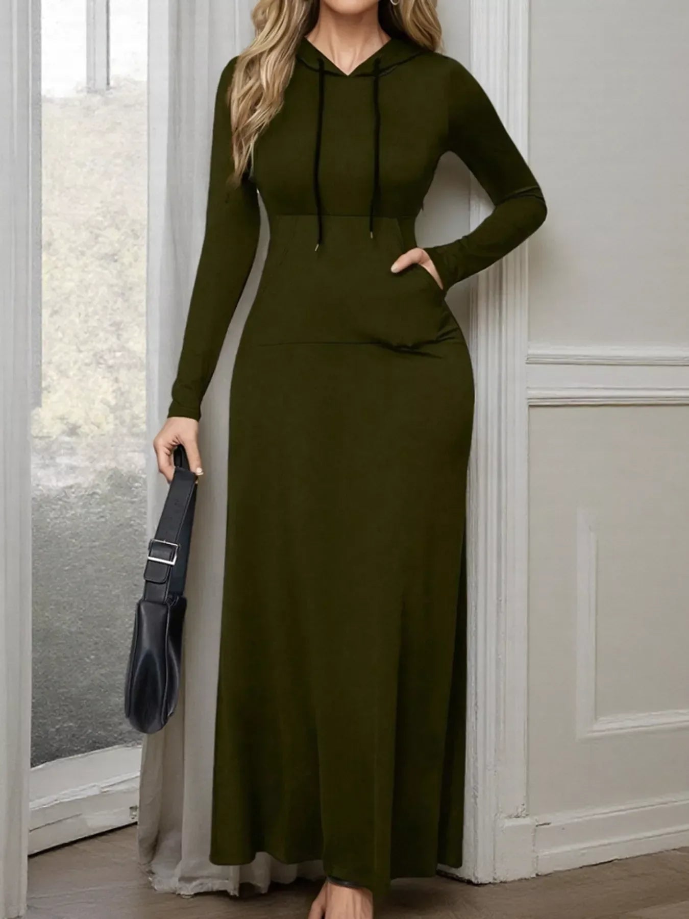 Drawstring Long Sleeve Hooded Maxi Dress - Trendsi - Flyclothing LLC