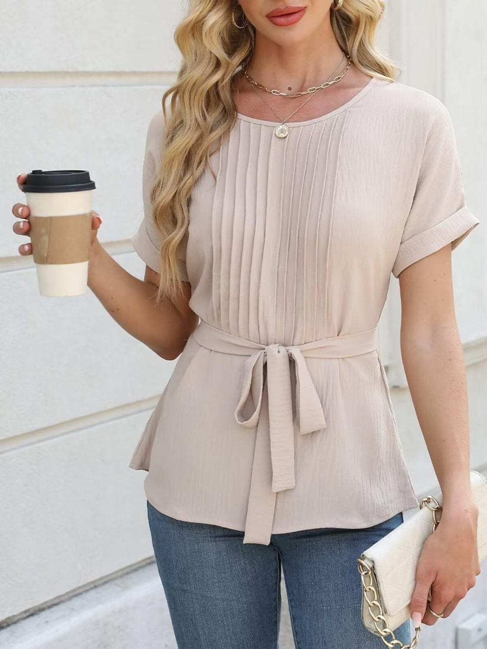 Tied Pleated Round Neck Short Sleeve Top - Trendsi - Flyclothing LLC