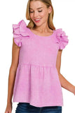 Zenana Double Gauze Acid Washed Tiered Ruffle Peplum Top - Trendsi - Flyclothing LLC