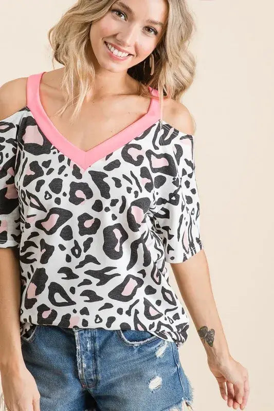 BiBi Leopard Print Top with Shoulder Cut Out - Trendsi - Flyclothing LLC