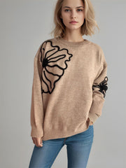 Flower Round Neck Long Sleeve Sweater - Trendsi
