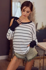 BiBi Stripe Yarn Dye Waffle One Shoulder Ribbon Detail Top - Trendsi - Flyclothing LLC