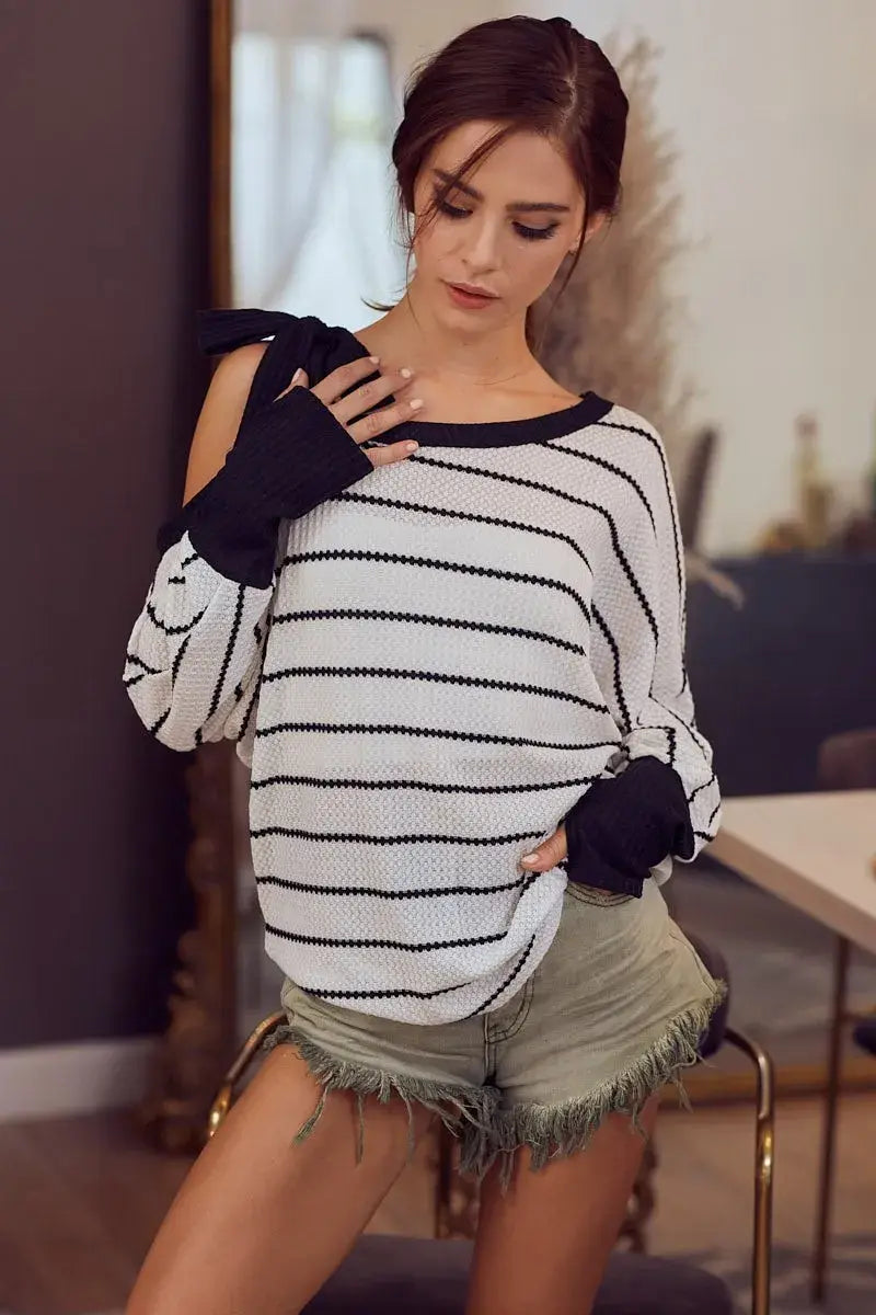 BiBi Stripe Yarn Dye Waffle One Shoulder Ribbon Detail Top - Trendsi - Flyclothing LLC