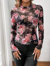 Mesh Floral Mock Neck Long Sleeve Top - Trendsi - Flyclothing LLC