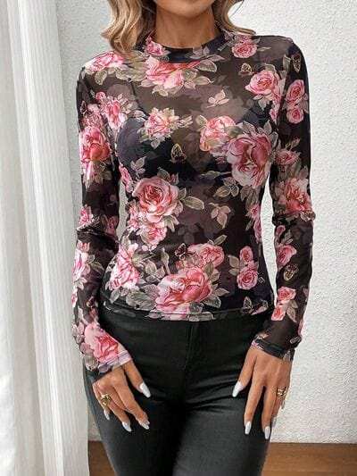 Mesh Floral Mock Neck Long Sleeve Top - Trendsi - Flyclothing LLC