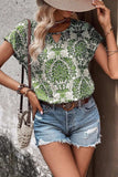 Cutout Printed Short Sleeve Blouse - Trendsi - Flyclothing LLC