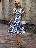 Printed Smocked Surplice Short Sleeve Dress - Trendsi