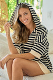 BiBi Stripe Fleece Notch Neck Short Sleeve Hoodie - Trendsi