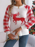 Reindeer Plaid Round Neck Long Sleeve Sweater - Trendsi