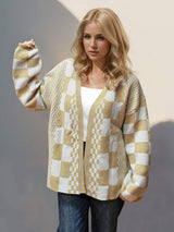 Double Take Checkered Open Front Dropped Shoulder Cardigan - Trendsi - Flyclothing LLC