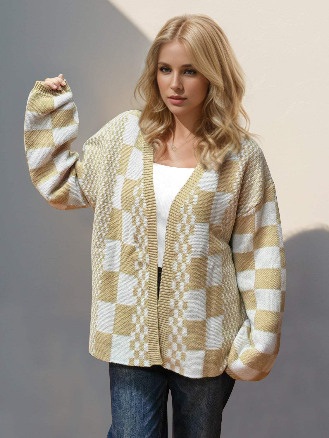 Double Take Checkered Open Front Dropped Shoulder Cardigan - Trendsi - Flyclothing LLC