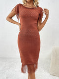 Fringe Openwork Boat Neck Knit Dress - Trendsi