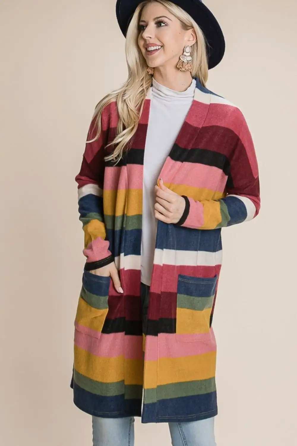 BOMBOM Color Block Striped Open Front Cardigan - Trendsi - Flyclothing LLC