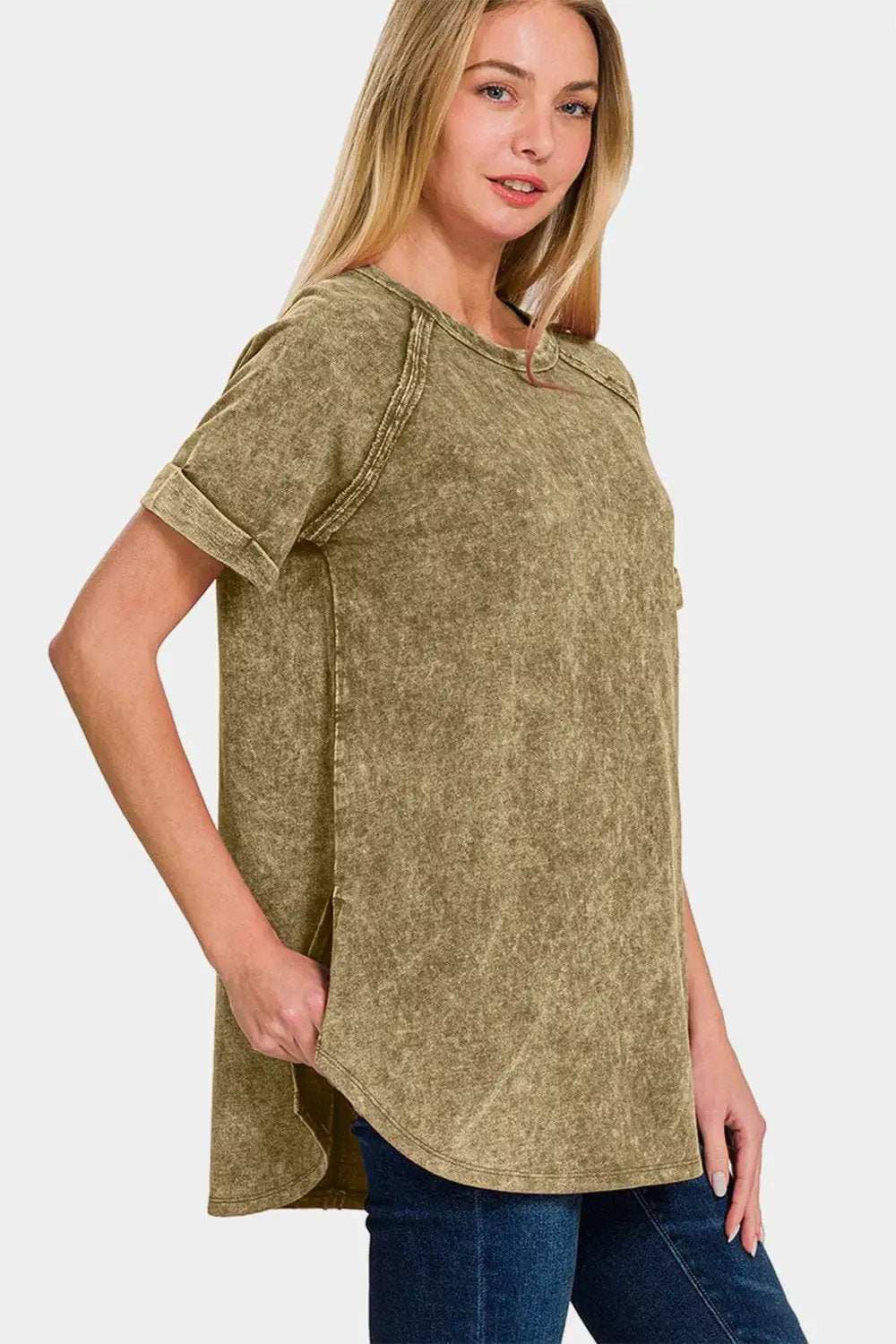 Zenana Heathered Round Neck Short Sleeve Top - Trendsi - Flyclothing LLC