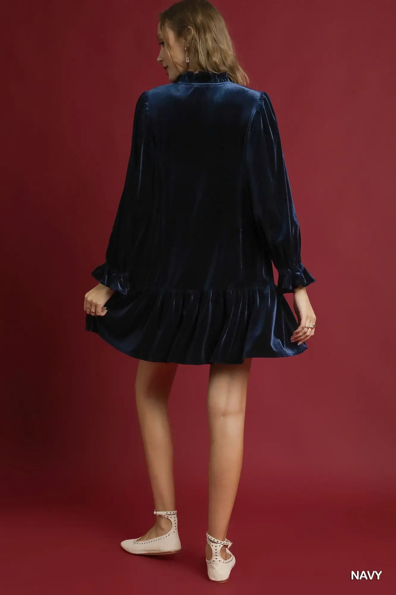 Umgee Velvet Ruffle Trim Mini Dress - Trendsi - Flyclothing LLC