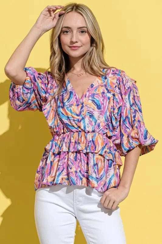 And The Why Printed Lantern Sleeve Blouse - Trendsi - Flyclothing LLC