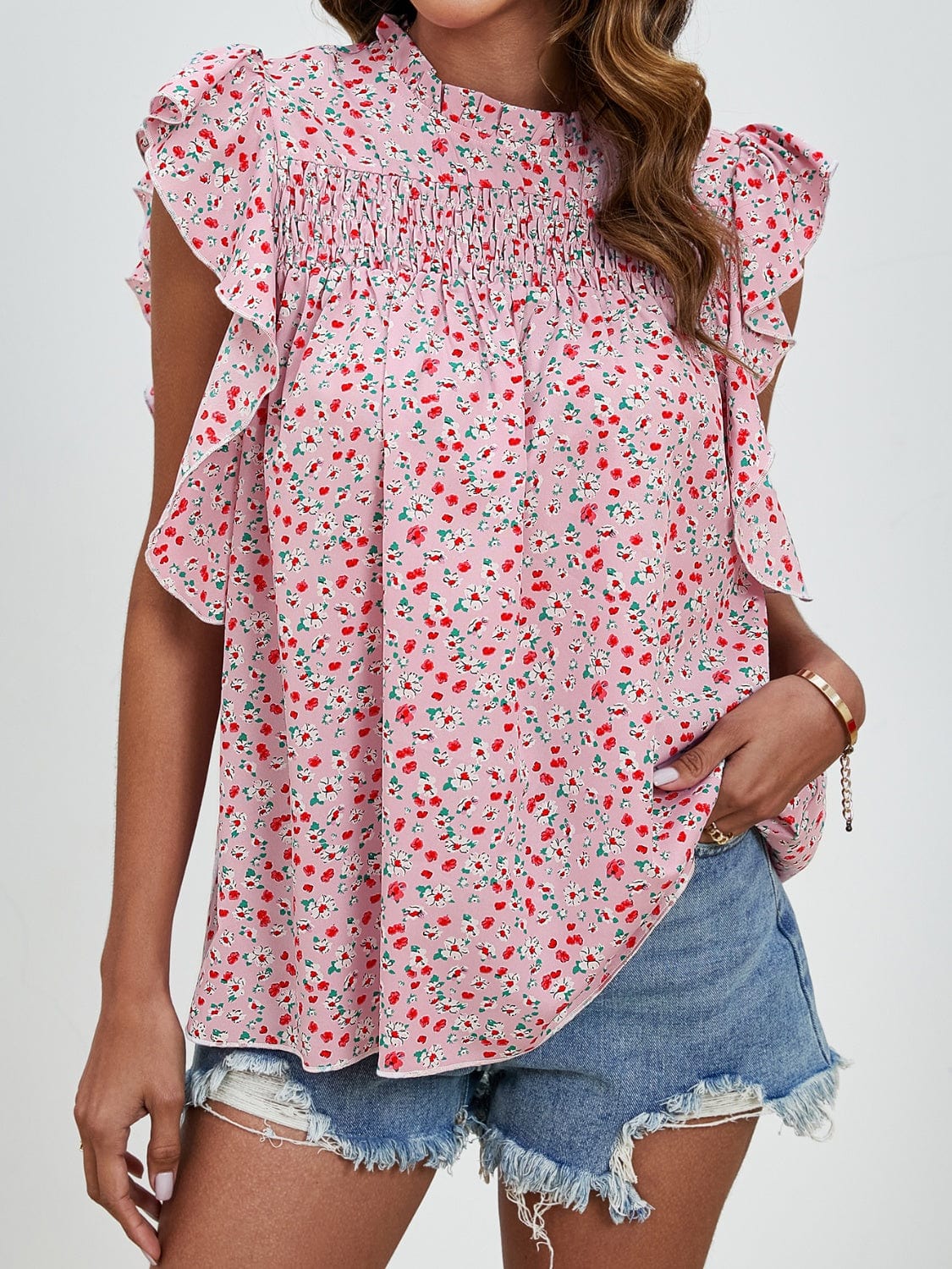 Ruffled Ditsy Floral Mock Neck Cap Sleeve Blouse - Trendsi