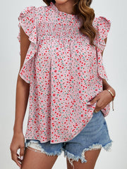 Ruffled Ditsy Floral Mock Neck Cap Sleeve Blouse - Trendsi