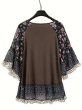 Full Size Frill Printed Round Neck Half Sleeve Blouse - Trendsi - Flyclothing LLC