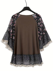 Full Size Frill Printed Round Neck Half Sleeve Blouse - Trendsi