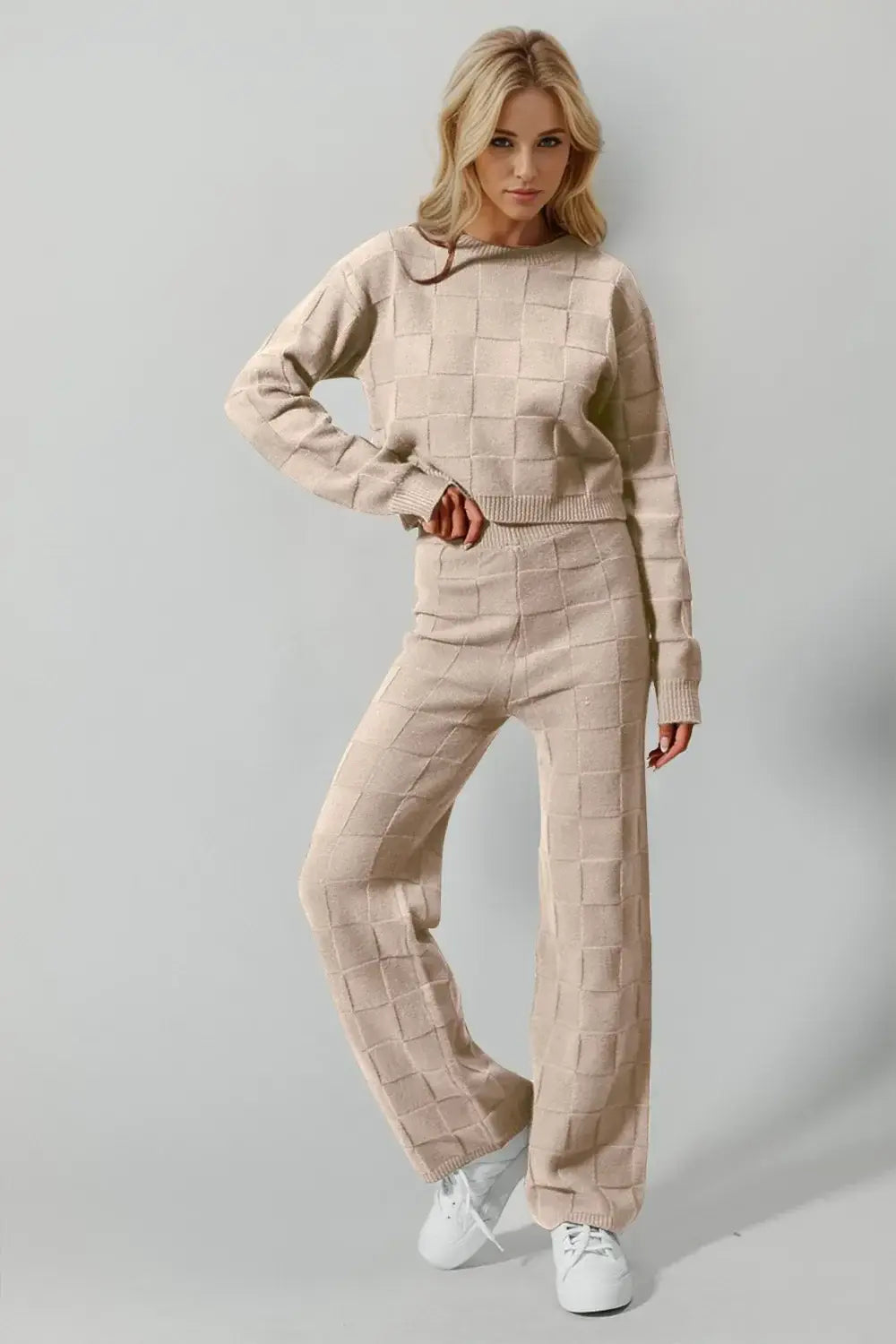 Double Take Full Size Checkered Round Neck Top and Pants Set - Trendsi - Flyclothing LLC