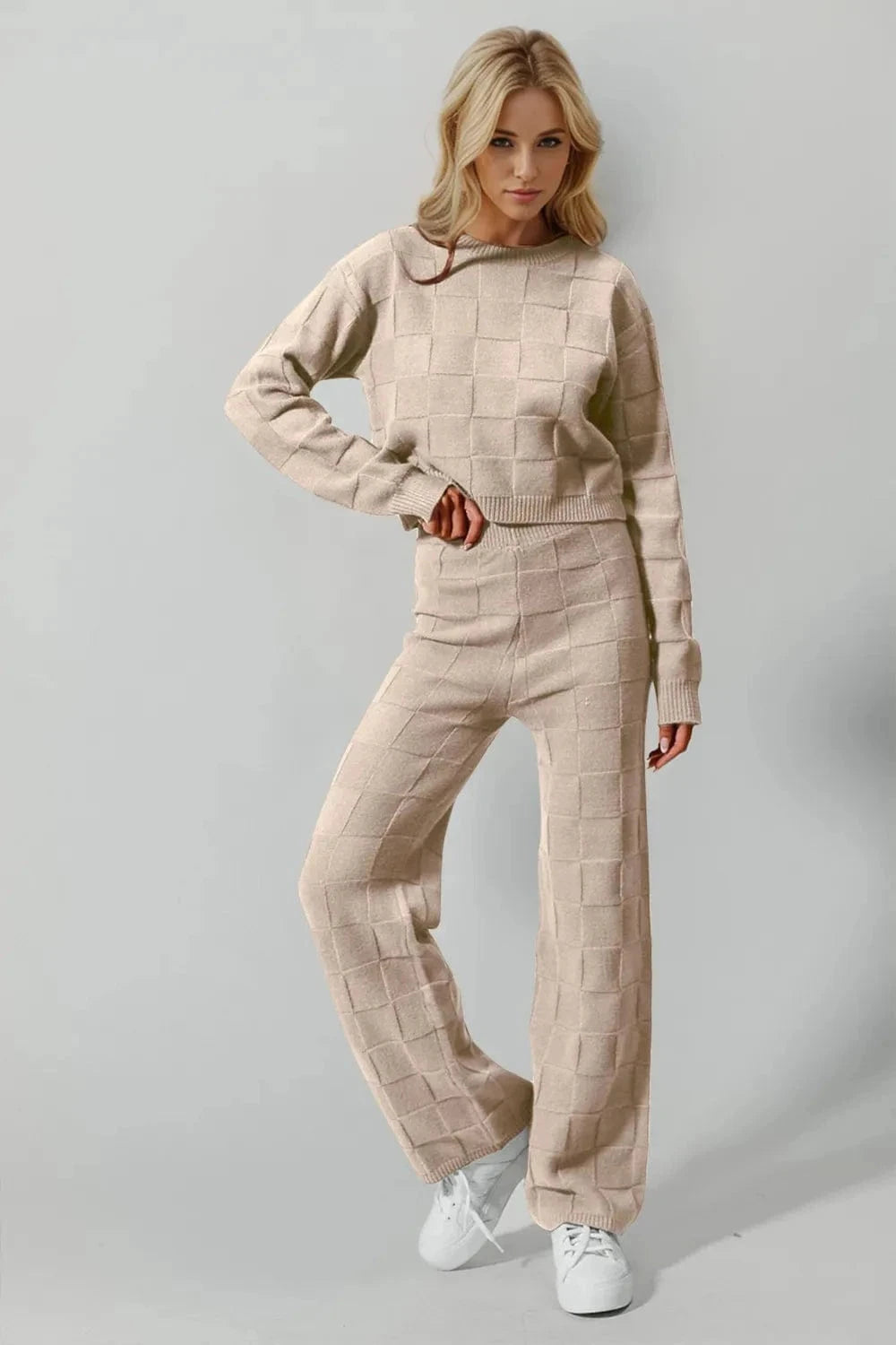 Double Take Full Size Checkered Round Neck Top and Pants Set - Trendsi
