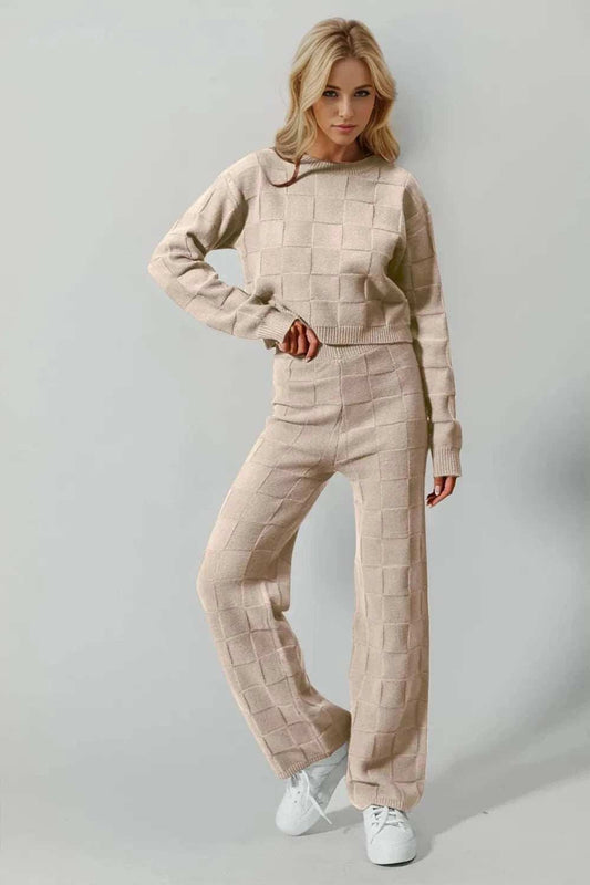 Double Take Full Size Checkered Round Neck Top and Pants Set - Trendsi - Flyclothing LLC