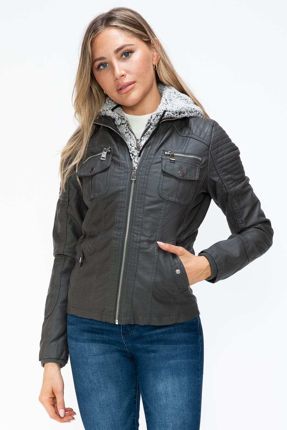 YMI Removable Faux Layered Multi-Pocket Jacket with Fuzzy Hood - Trendsi - Flyclothing LLC