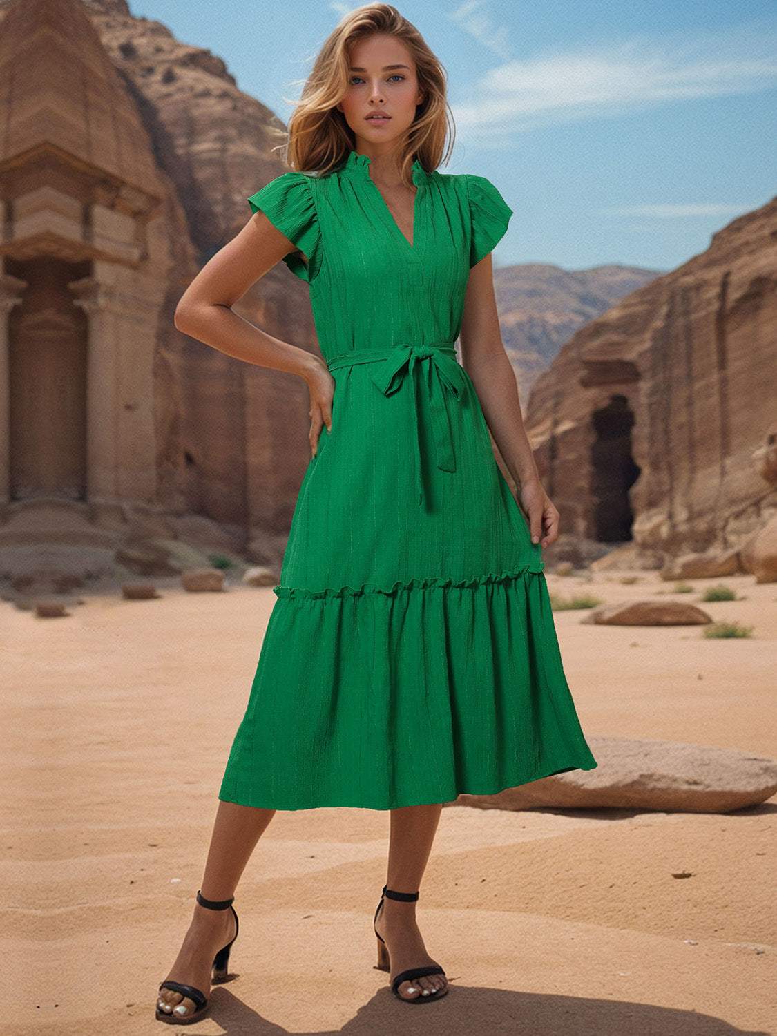 Tied Notched Cap Sleeve Dress - Trendsi - Flyclothing LLC