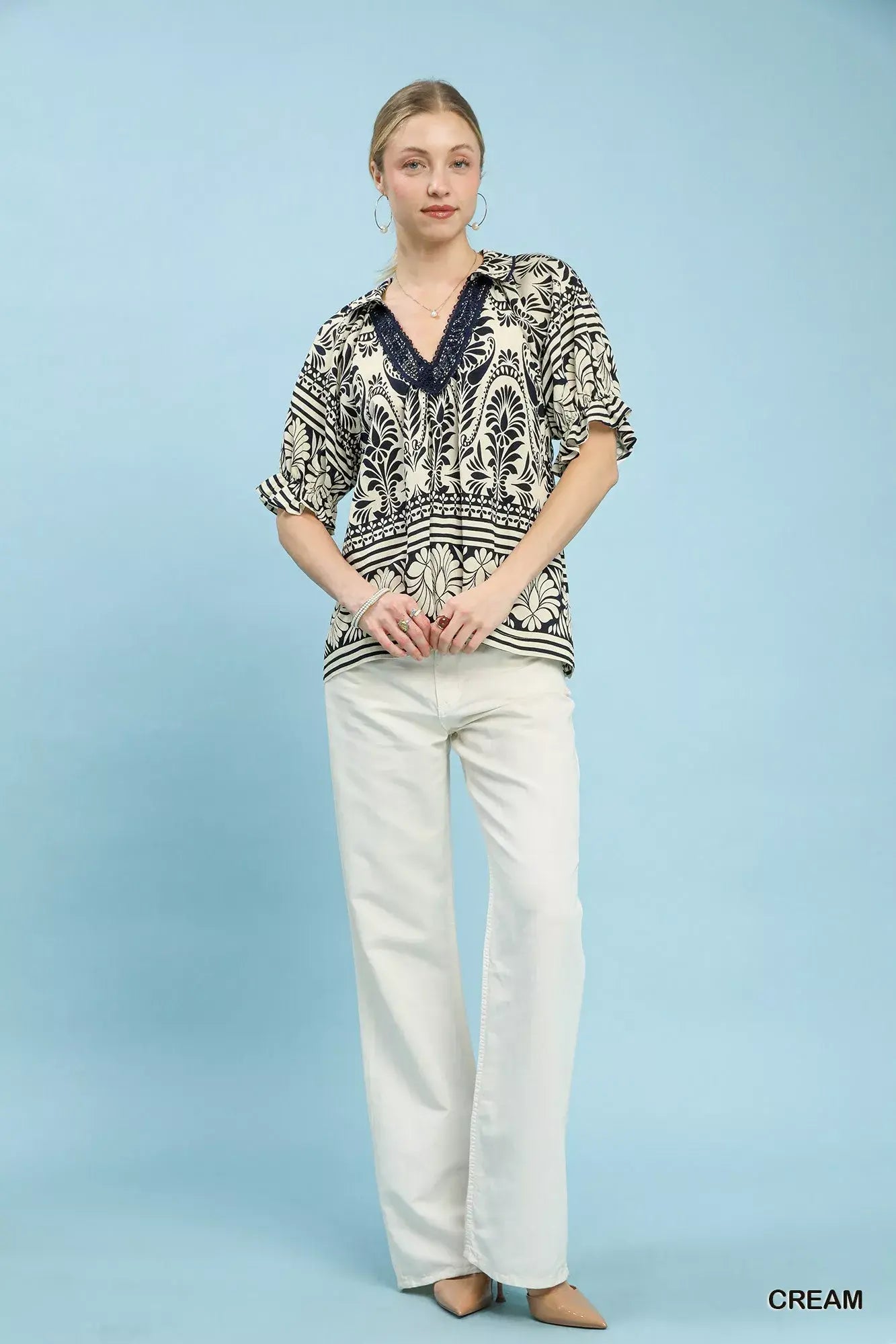 Umgee Two Tone Boarder Print Top - Trendsi - Flyclothing LLC
