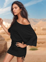 Drawstring One Shoulder Three-Quarter Sleeve Mini Dress - Trendsi - Flyclothing LLC