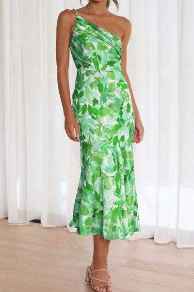 Ruched Printed Single Shoulder Midi Dress - Trendsi - Flyclothing LLC