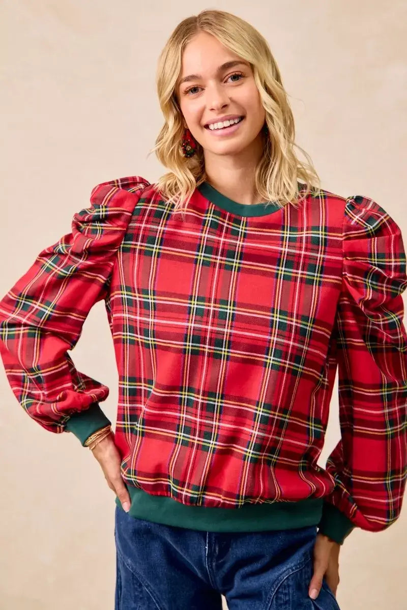 BiBi Christmas Plaid Exaggerated Shoulder Sleeves Top - Trendsi - Flyclothing LLC